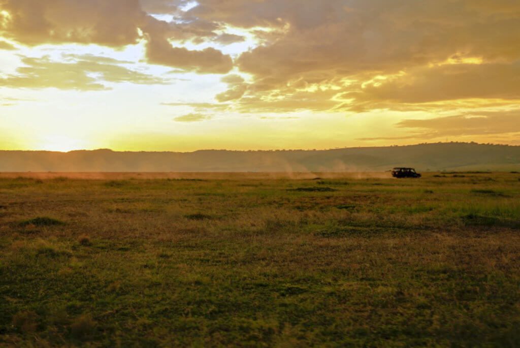 A Land Rover rides into the sunset on an African safari