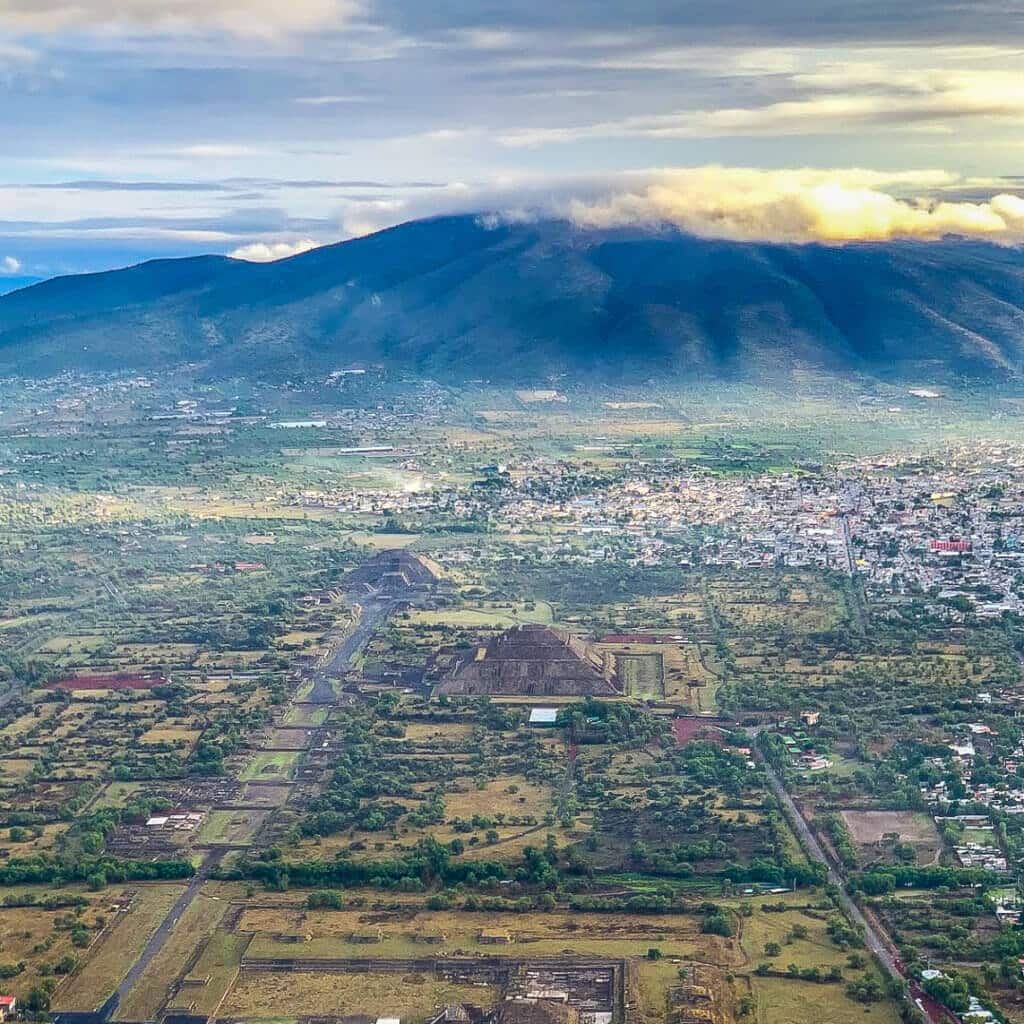 Aerial view of Teotihuacan from hot air balloon