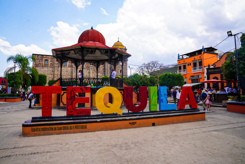 Tequila sign in the central plaza area of the town of Tequila, Mexico