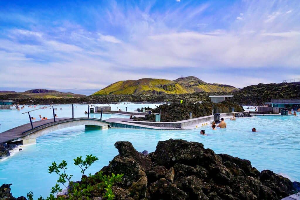 Blue skies and bridge over the blue lagoon in Iceland